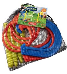 an assortment of colorful garden hoses in mesh bags on a white background with the package