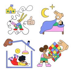 an image of children playing and having fun in the house with their toys on white background