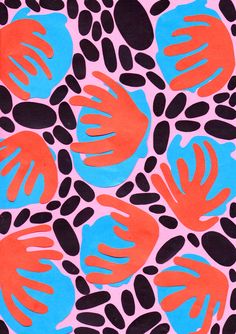 an animal print pattern with orange and blue leaves on pink background, created by children's artwork