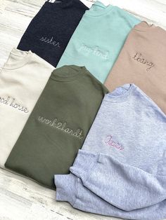 We promise you will NEVER want to take this sweatshirt off! Lightweight but ultra cozy, super soft Bella Canvas fleece crewneck sweatshirt with embroidered mama on upper left chest. Bella Canvas comes in the most beautiful color selection with a loose, slightly oversized fit. Personalize the upper left chest with up to 3 lines of text, 10 characters per line, or a simple monogram. Choose a short and sweet phrase such as our 'mama' example, or add a business name, cute saying or fun message.  Sweatshirts are a unisex fit, so we recommend sizing down one from your ladies fit. If you wear ladies medium, a Unisex Small is the best fit. For a more roomy/oversized fit, stick to your ladies fit. Bella Canvas Sponge Fleece Drop shoulder Side seams Tear-away label Unisex fit Crew Neck Sweatshirt With Letter Embroidery For Winter, Crew Sweater With Embroidered Logo For Loungewear, Crew Neck Sweater With Embroidered Logo For Loungewear, Crew Neck Tops With Letter Embroidery For Loungewear, Winter Crew Neck Sweatshirt With Letter Embroidery, Winter Sweatshirt With Letter Embroidery And Crew Neck, Winter Tops With Embroidered Logo For Everyday, Cozy Long Sleeve Tops With Letter Embroidery, Winter Top With Embroidered Text For Everyday