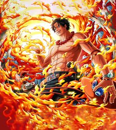 an anime character surrounded by fire and flames