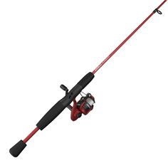 a red fishing rod with a black handle and reel attached to the end, on a white background