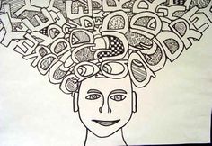 a black and white drawing of a woman's head with lots of letters on it