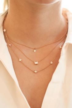 Layering necklaces creates the perfect dynamic look to pair with a basic top. (With images ... Layered Necklaces Gold Indian, Mozonite Jewelry, Necklace Layering Ideas, 2 Layer Necklace, Layering Diamond Necklaces, Layering Ideas, Simple Jewellery, Big Necklace