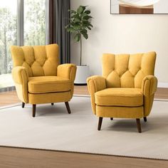 two yellow chairs sitting on top of a rug in front of a white carpeted floor