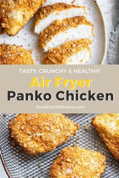 air fryer panko chicken cut in half on a plate with text overlay