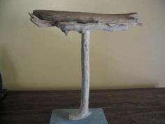 a piece of driftwood sitting on top of a wooden table next to a wall