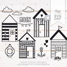 hand drawn beach huts on wood background with text and clippings in the shape of houses