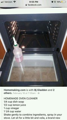 an open oven door with a bottle of cleaner on the inside and instructions to clean it