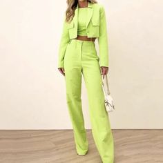 Alright Green Pants Suit, Short Blazer Crop Top And Pants. Blended Material, Light Weight Fabric. Office Wear, All Occasions Wear Trendy Modern Outfit. Bust 38.98" Shoulder 16" Sleeve 24.5" Length 16" Long Sleeves Button Front, Collared. Pants Waist 30.71" Hip 42.91" Length 43.31" Inseam 30.5" Zipper And Button, 2 Side Pockets Tall Girl Friendly Chic Outfit Grown Woman Clothing Mommy Mother Modern Classy Green Pant Suit, Green Blazer Outfit, Blazer Crop, Crop Top And Pants, Short Blazer, Grown Women, Pant Suit, Pants Suit, Top Pants Set