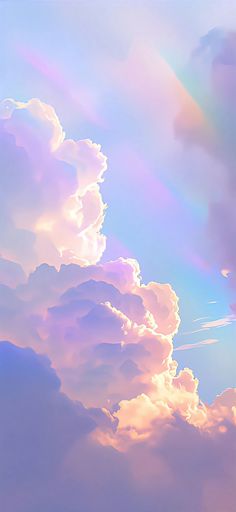 the sky is filled with clouds and rainbows in pastel colors, as well as white fluffy clouds