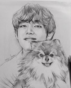 a pencil drawing of a boy with a dog on his shoulder and the image of a man's face