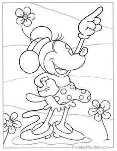 minnie mouse coloring pages for kids with flowers and butterflies on the ground, in black and white