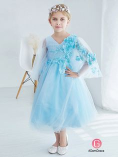 Tea Length Tulle Blue Applique Flower Girl Dress with Sleeves #EFA02 at GemGrace. #FlowerGirlDresses Shop now to get $10 off. Pro custom-made service for wedding dress, formal dress. View Flower Girl Dresses,Girls Formal Party Dresses,Blue Flower Girl Dresses,Flower Girl Dresses with Sleeves,Tulle Flower Girl Dresses for more ideas. Click to shop now! Blue Princess Dress For First Communion, Spring Long Sleeve Tutu Dress For Pageant, Blue Floral Applique Dress For Dress-up, Light Blue Tulle Dress With Floral Applique, Blue Princess Dress With Floral Applique, Blue Tulle Princess Dress With Long Sleeves, Blue Long Sleeve Tulle Princess Dress, Blue Tulle Dress With Floral Applique, Long Sleeve Princess Dress For First Communion In Spring