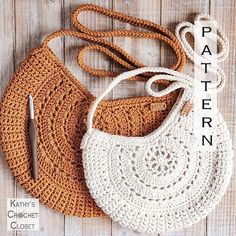 two crocheted purses sitting next to each other on a wooden surface with the words pattern written across them