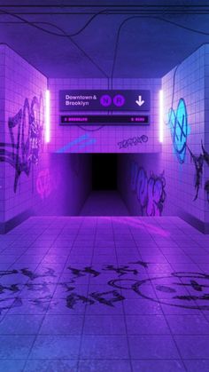 an underground tunnel with graffiti all over the walls and tile flooring in purple hues