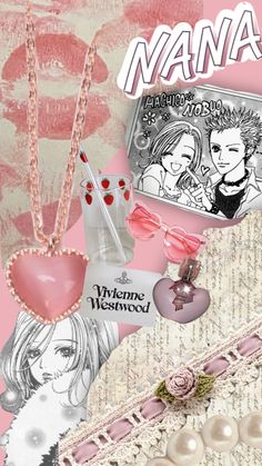 a collage of various items including necklaces, pearls and other things on a pink background