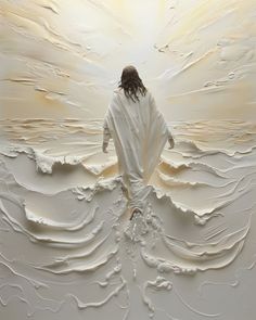 a painting of a person with long hair and white clothing, standing in the middle of water