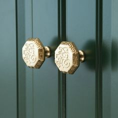 two gold door knobs on a green door