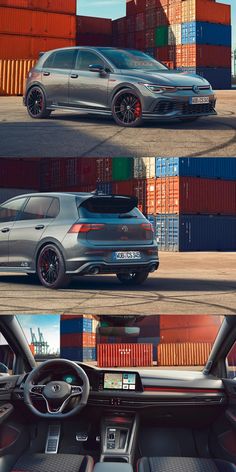 two cars parked next to each other in front of shipping containers