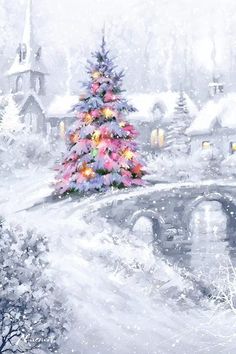 a painting of a christmas tree in front of a snowy landscape with houses and bridge