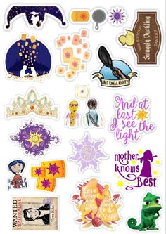 many different stickers are shown on a white background with the words and images above them