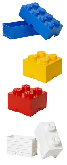 three legos are shown in different colors