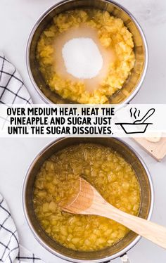 two pans filled with food on top of a white counter next to a wooden spoon