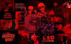 a collage of photos with red lighting and black background, including images of skulls