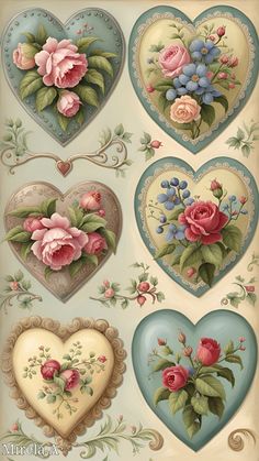 four hearts with flowers and leaves painted on the side of each heart, all in different colors