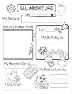 an all about me worksheet for kids with pictures and words on the page