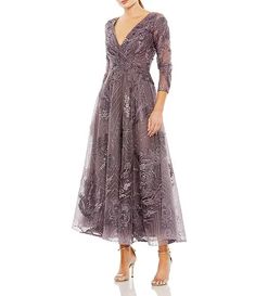 Mac Duggal Embroidered Surplice V-Neck 3/4 Sleeve Tea Length A-Line Dress | Dillard's Feather Print Dress, Wedding Dresses Lace Ballgown, Colorful Dresses Formal, Long Sleeve Dress Formal