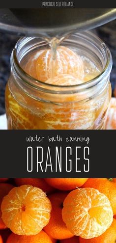 oranges in a jar with text overlay that reads water bath canning oranges