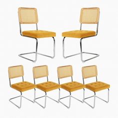 six chairs are arranged in the shape of four different angles, with one yellow seat on each side