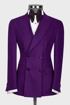 Classic Purple Tuxedo For Semi-formal Events, Fitted Double-breasted Suits With Long Sleeves, Party Fitted Suits With Button Closure, Fitted Party Suit With Button Closure, Fitted Long Sleeve Suit With Double Button Closure, Formal Fitted Double Breasted Suit With Button Closure, Fitted Formal Double Breasted Suit, Fitted Double Breasted Suit With Button Closure, Fitted Long Sleeve Double Breasted Suit For Parties