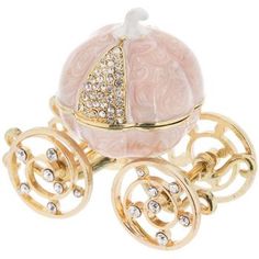 Note: No discounts may be applied to "your price" or "reduced" items. Details: 	 Dimensions: 2.75" H x 3" W x 1.94" D 	 Material: Metal 	 Color: Pink & Gold 	 Quantity: 1 You'll be ready for the royal ball with this whimsical Carriage Jewelry Box. Outfitted with a magnetic latch, this beautiful metal jewelry box is shaped like a fairytale pumpkin carriage with an enchanting pink swirl enamel finish. The pumpkin carriage has a white stem, dazzling rhinestones, playful gold accents, and wheels tha Tiny Engagement Ring, Magnetic Latch, Princess Carriage, Cinderella Carriage, Pumpkin Carriage, Antique Jewelry Box, Crystal Box, Pink Swirls, Small Jewelry