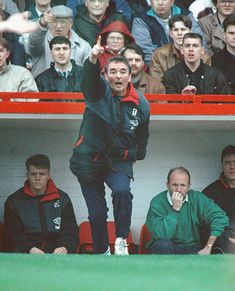 a man standing on top of a green field next to a group of people in the stands