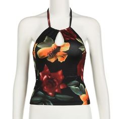 Please refer to our sizing chart for a guideline when choosing a size. 5 business days order processing time. 90% polyester 10% spandex Stretch Floral Print Tops For Night Out, Fitted Black Top With Rose Print, Summer Outfits Shirt, Backless Cami Top, Clothes Y2k, Slim Vest, Middle Age Fashion, Halter Tank Top, Mini Cami Dress