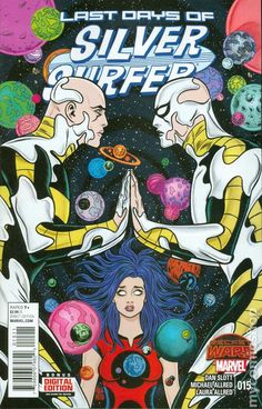 the cover to silver surfer comics, featuring an image of two people surrounded by planets