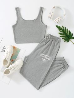 Grey Casual  Sleeveless Polyester Letter  Embellished Slight Stretch Spring/Summer Women Co-ords Stylish Short Dresses, Solid Tank Tops, Trendy Outfits For Teens, Cute Preppy Outfits, Simple Trendy Outfits, Cute Everyday Outfits