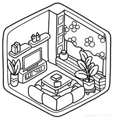 a black and white drawing of a living room