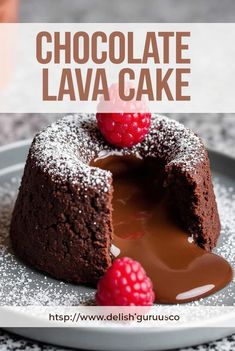 chocolate lava cake on a plate with raspberries