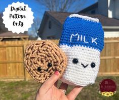 two crocheted items that look like milk and cookies