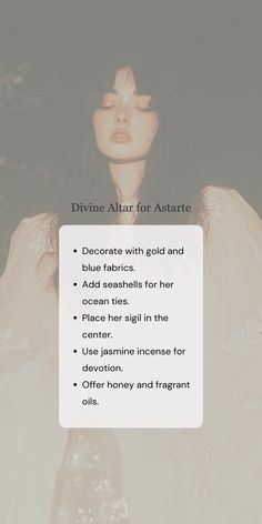 a woman in a white dress with text above her that reads divine altar for astarte