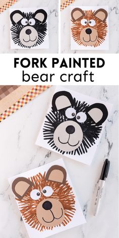 four pictures of different animal faces with the words, fork painted bear craft on them