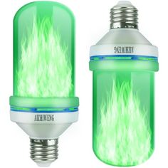 the light bulb is glowing green and has flames on it's side, as well as