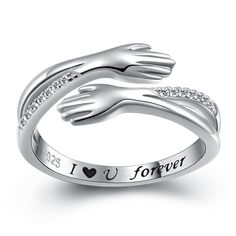 PRICES MAY VARY. 💕【Love Hug Rings】 - The whole wrap ring is surrounded by double hugging hands which refers “Come to My hug” ring. Engraved “I Love You Forever” on the arms, A loving hug shows express passionate love. 💕【Material】- Decorated with shining cz on both sides, this hug ring is crafted in 928 sterling silver with excellent polishing and electroplating craftsmanship, which will make it look gorgeous and sparkling. 💕【Comfort Fit Design】- Ring size: 7#. adjustable open design, which al Hug Rings, Hug Ring, Love Hug, Couple Rings, Love Ring, Open Ring, Engraved Rings, Ring Ring, Jewelry Trends