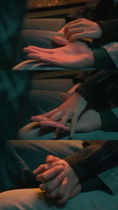 two images of hands holding each other in front of the camera, with one person's hand reaching out