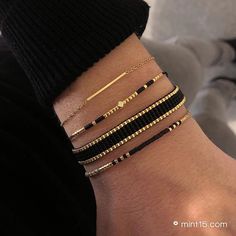 Bracelet Set 'Fine Black' – Mint15 Inexpensive Jewelry, Bracelet Miyuki, Miyuki Bracelet, Tiny Beads, Bar Bracelet, Beads Bracelet Design, Handmade Wire Jewelry, Black Bracelets, Bar Bracelets