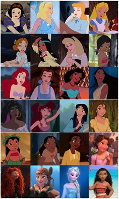 many different disney princesses are shown in this collage with the same image as each other